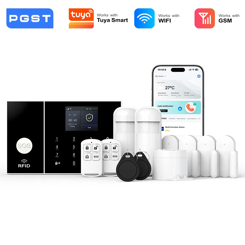 PGST 2G GSM WiFi Anti-theft Home Alarm System Kit Wireless Security Protection Alarm System Set PIR Motion Detector Door Sensor