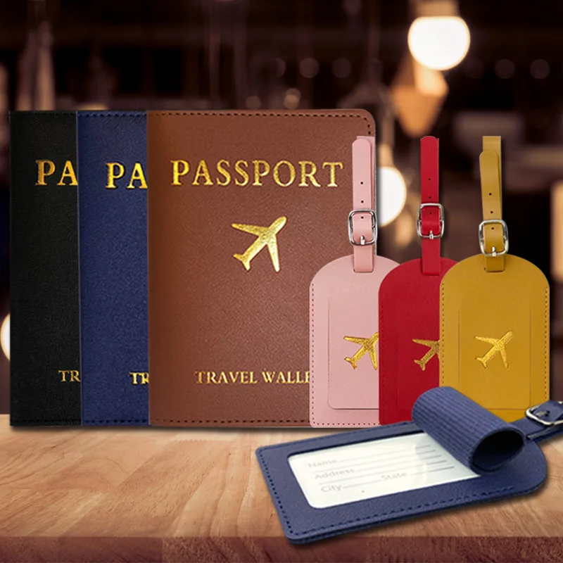 Etiqueta de equipaje de cuero PU con patrón de letras para hombres y mujeres, juego de soporte para pasaporte, fundas para pasaporte, Soporte para tarjeta de identificación, accesorios de viaje para avión