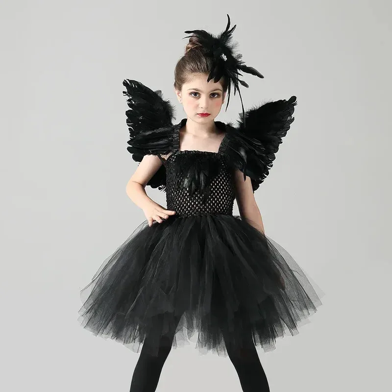 Disfraz de bailarina del lago de los cisnes negros para niñas, vestido gótico de bruja para Halloween, vestido de plumas con tutú de Reina Malvada para niños