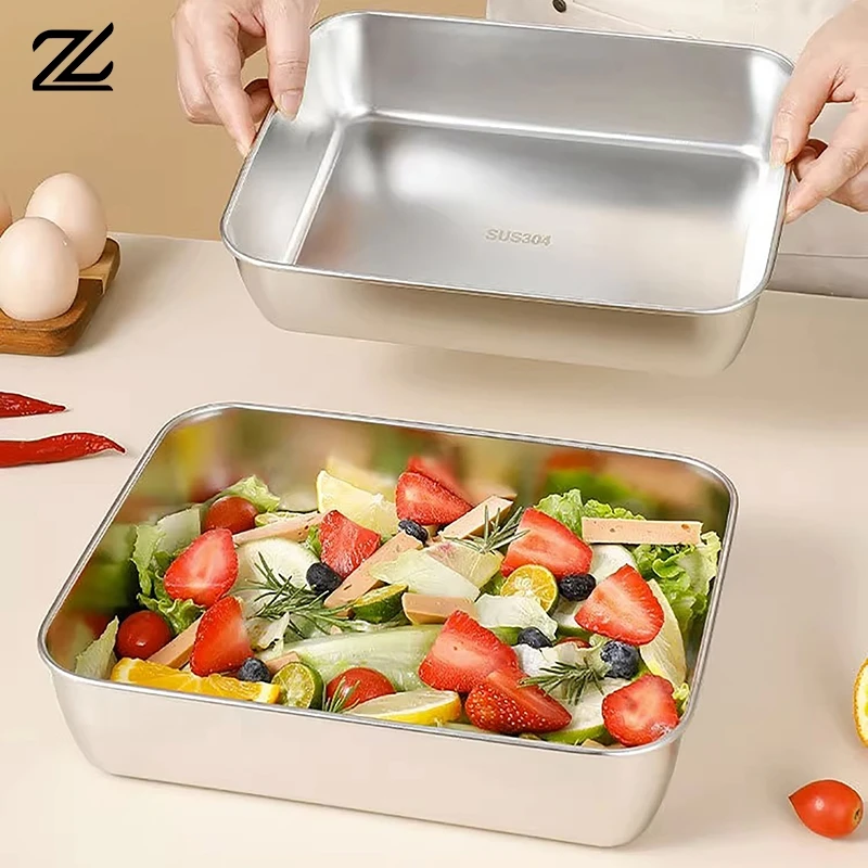 Stainless Steel Square Plate With Lid Rectangular Food Storage Pan Commercial Dish Tray Large Freshing Lunch Box Container