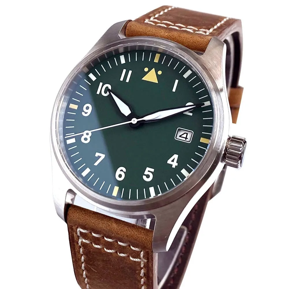 

Tandorio 39mm 20ATM Pilot Retro Green Business Style NH35 Automatic Diver Swim Men Watch Sapphire Glass Green Luminous Leather