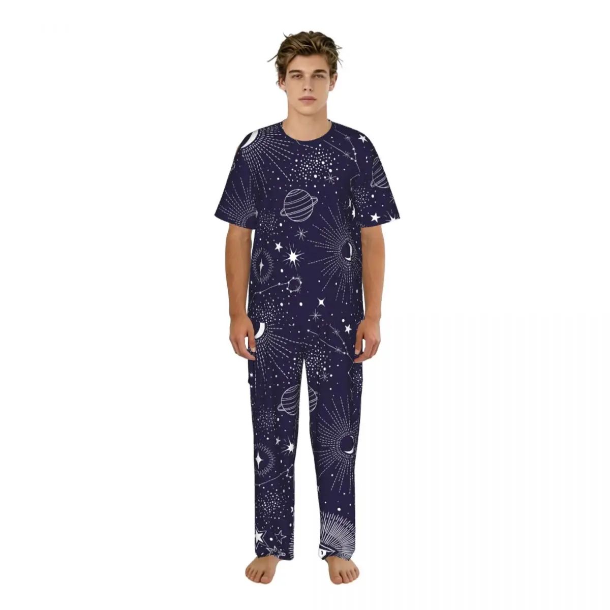 

Мужской пижамный костюм с короткими рукавами и длинными брюками, с принтом звезд, солнца, луны, созвездий, планет и глаз, летний комплект домашней одежды