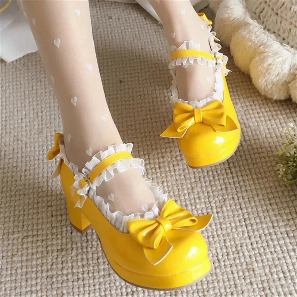 Woman Chunky Heel Lace Lolita Shoes Patent Leather Cute Bow Mary Jane Pumps Bride Wedding Cosplay Party Purple Heels Size 32 33