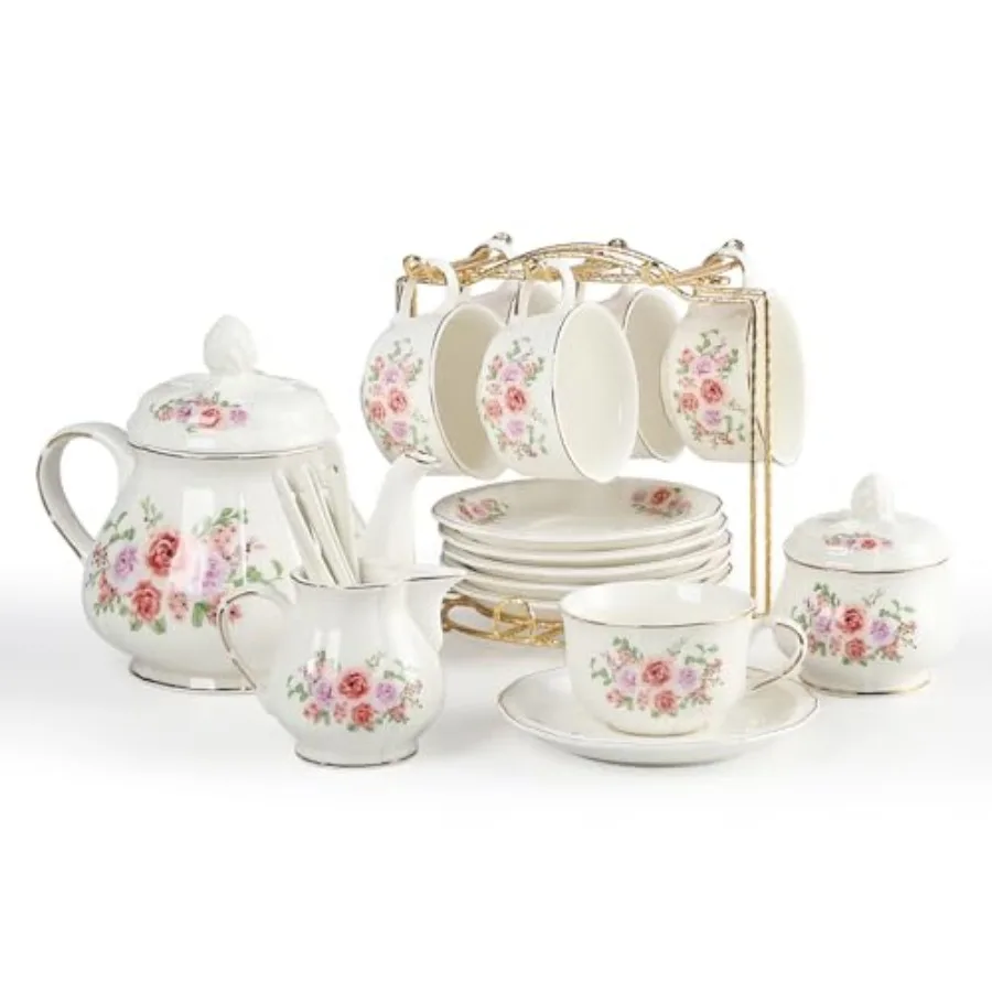 Juego de Té Floral Sweejar de 23 Piezas con Soporte Metálico, Borde Dorado en Relieve, Juego de Té de Porcelana para Adultos, Juego de Tazas y Platos para 6 Personas con Tetera