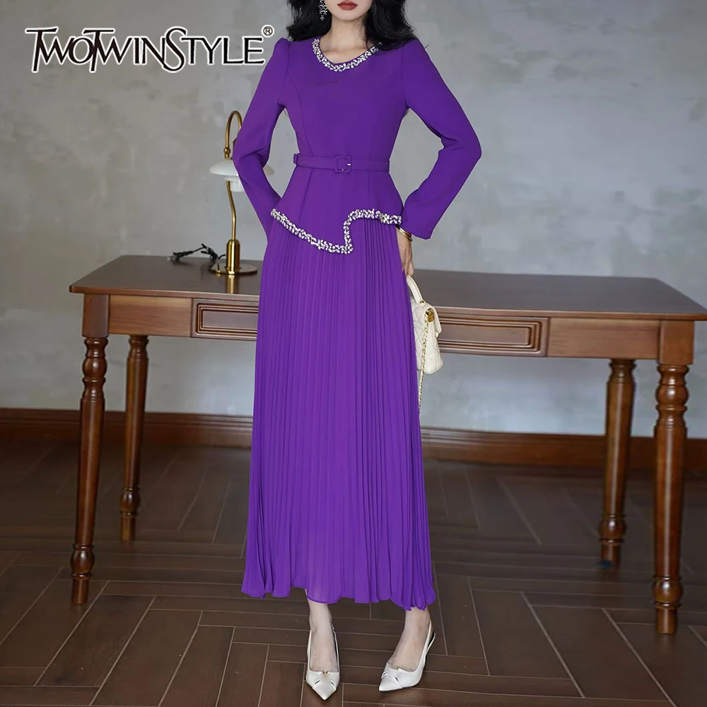 

TWOTWINSTYLE Solid Spliced Diamonds Chic Dress Female O Neck Long Sleeve Elegant Intellectual Women's Dresses Autumn Fashion New