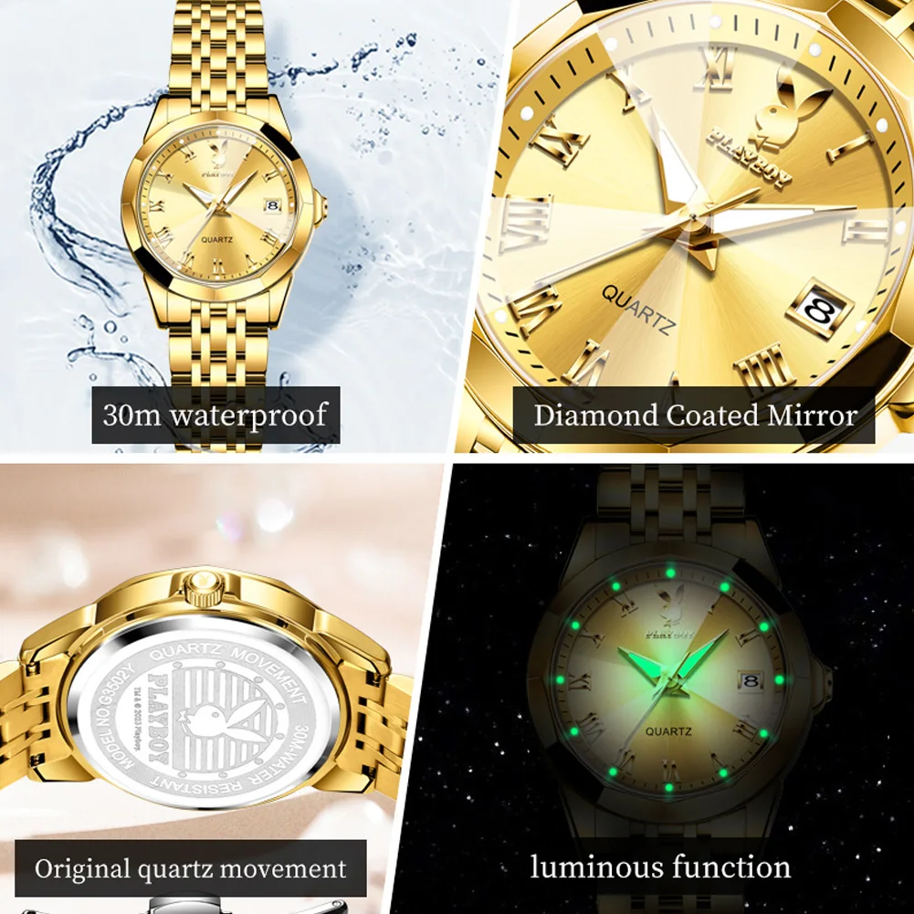 PLAYBOY High Quality Elegant Women Quartz Watch Luxury Original Waterproof Lady Wrist Watch Fashion Luminous Watches for Women