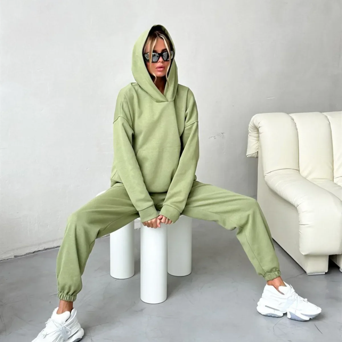 Women Two Piece Sets Hooded Loose Casual Tracksuit Sweatshirts Straight Long Pants Set Matching Sets Splice Autumn Winter