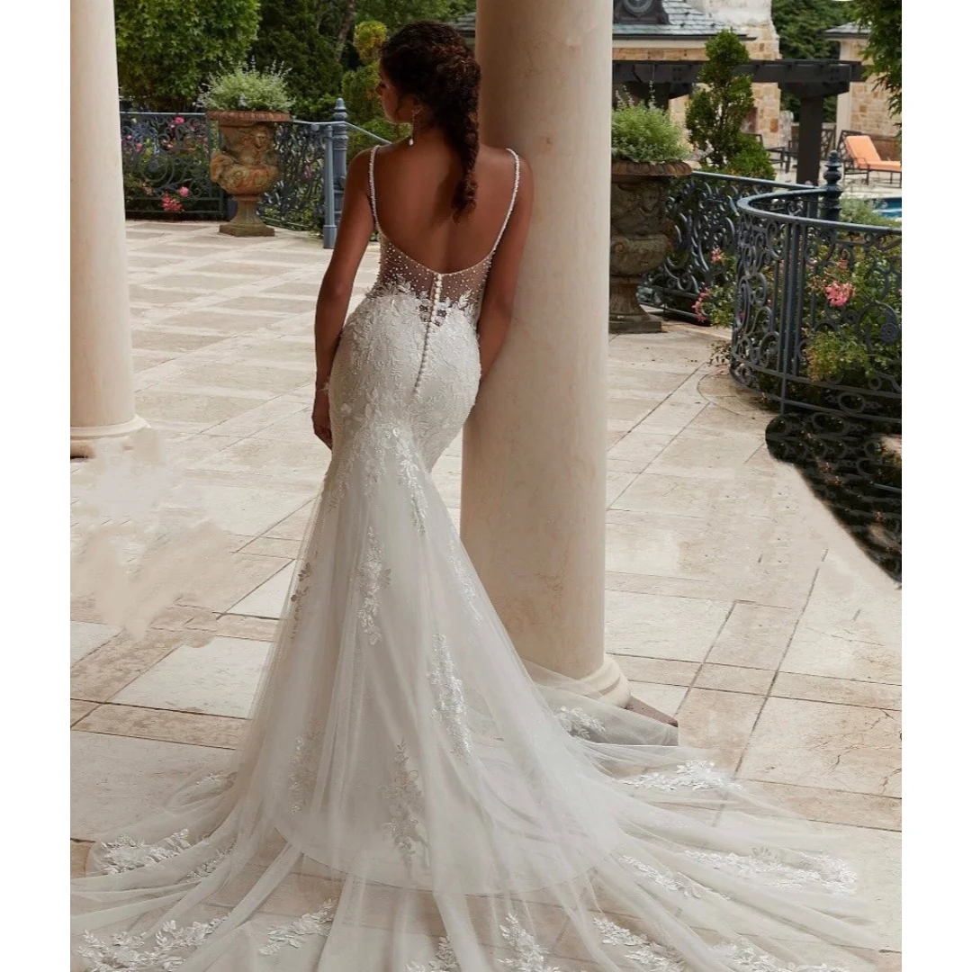 Customized 2026 New White Elegant Mermaid Wedding Dress Strap Lace Decal Decoration Vestidos De Noiva