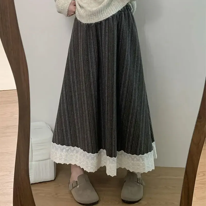 

Women's Clothing Retro Wool Striped Skirts High Waist Elastic Autumn Winter New A-line Stylish Lace Patchwork Casual Long Skirts