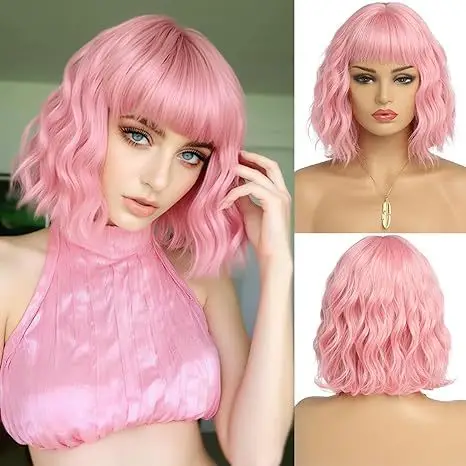 Pastel Wavy Wig With Air Bangs Women's Short Bob Purple Pink Wigs Curly Wavy Shoulder Length Pastel Bob Wigs Synthetic Wig for W