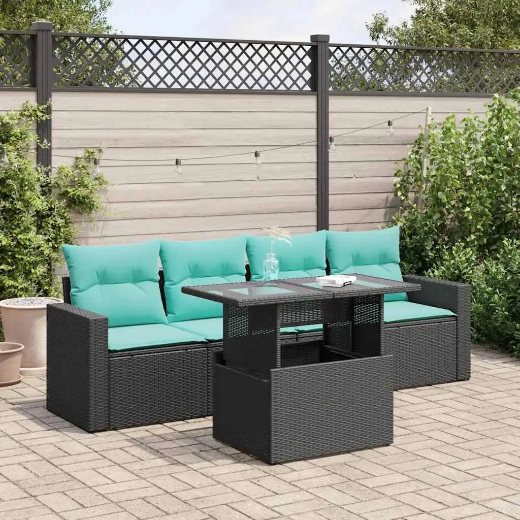 

5 Piece Outdoor Patio Sofa Set with Cushions Black Rattan and Acacia Wood Furniture