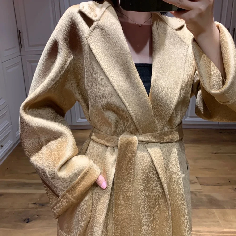 

2023 High-end Winter Cashmere Coat Women Autumn Long Loose Camel Coat Water Ripple 100% Cashmere Lace Fashionable Casual Jacket