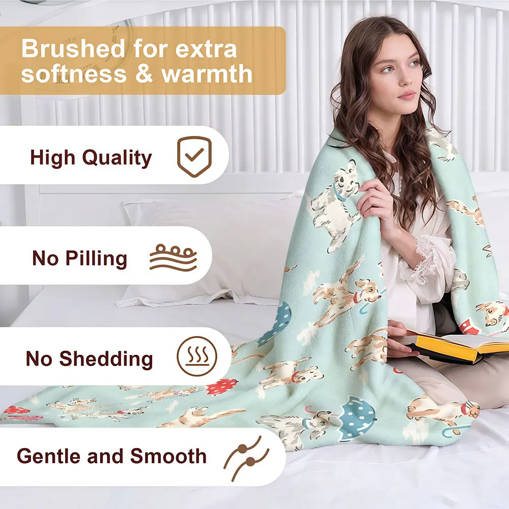 cat dog umbrella rain Soft Warm Flannel Blanket Lightweight Cozy Christmas Halloween Home Decor Room