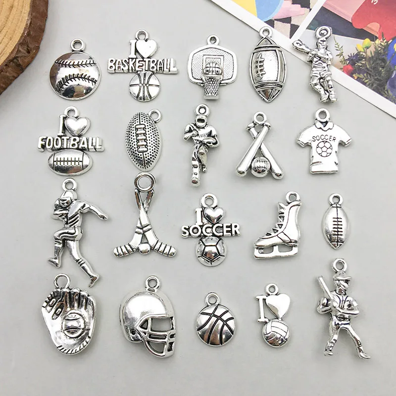 10/20Pcs Antique Silvery Sports Charms Alloy Athlete, Jersey, Ball Design Pendants for DIY Jewelry Making Accessories
