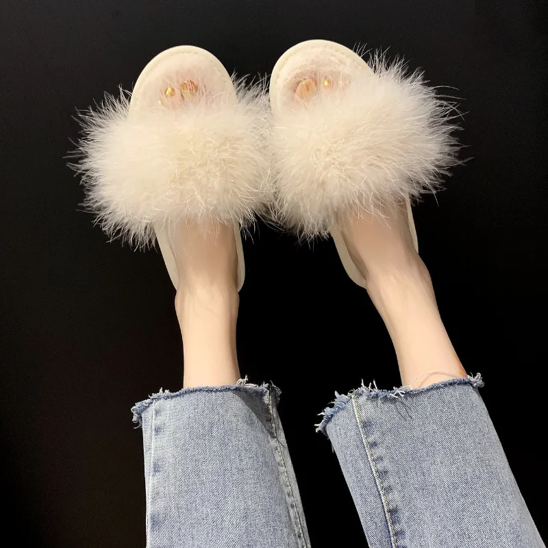 Leisure Plush Slipper for Woman Women\'s Autumn Winter Ostrich Feather Slippers Footwear Lightweight Flats Non-slip Home Slippers