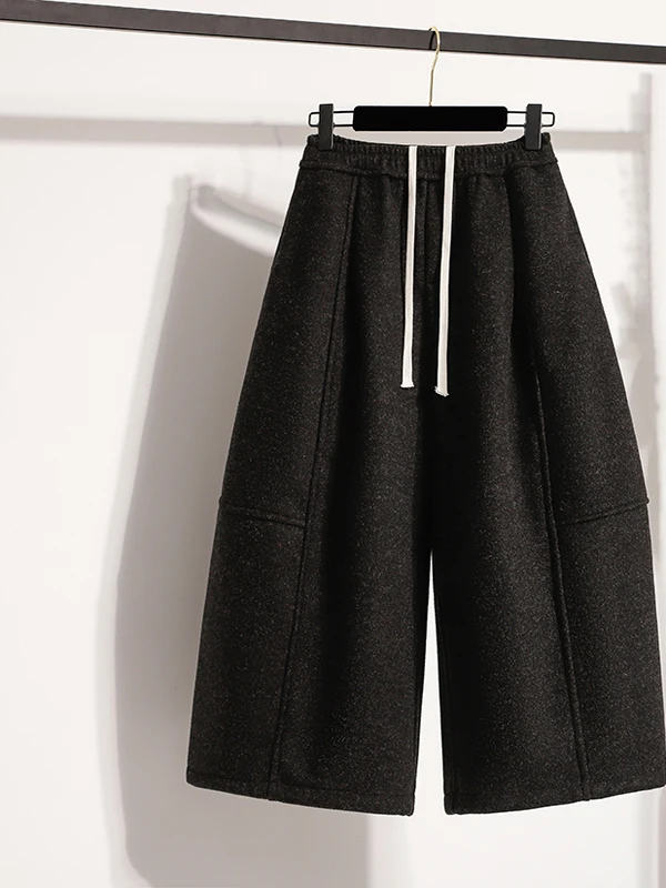 ارتفاع الخصر Dstring Fce اصطف السراويل واسعة الساق المرأة عارضة فضفاض التخسيس الخريف الشتاء السراويل للسيدات