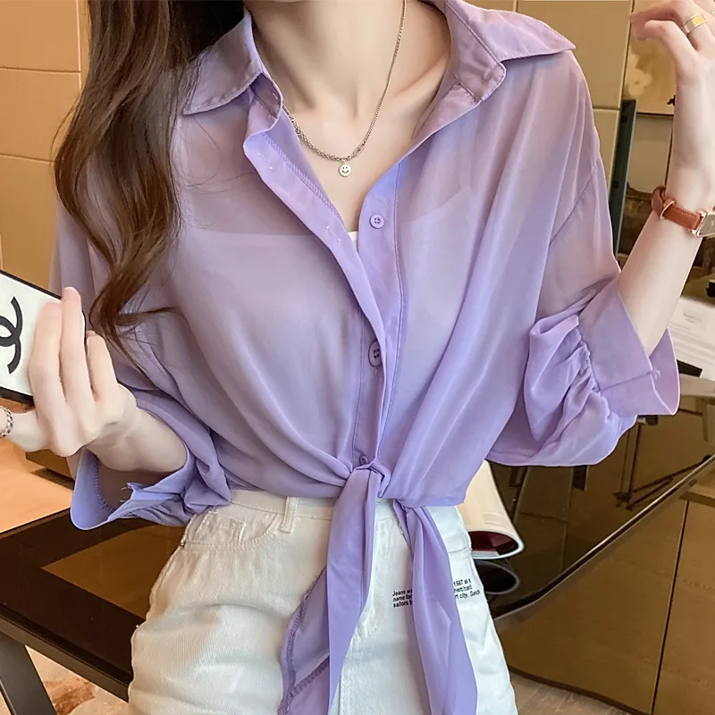 Lente Zomer Dames Chiffon Shirts Effen Kleur Korte Blouse Shirts Tops