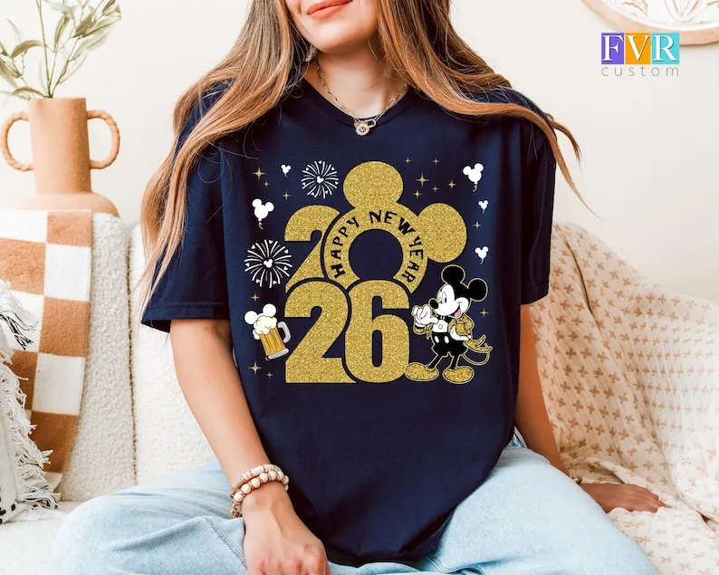 

Happy New Year 2026 Shirt Mickey Gold Glitter Tee New Year Celebration T-Shirt for Fans