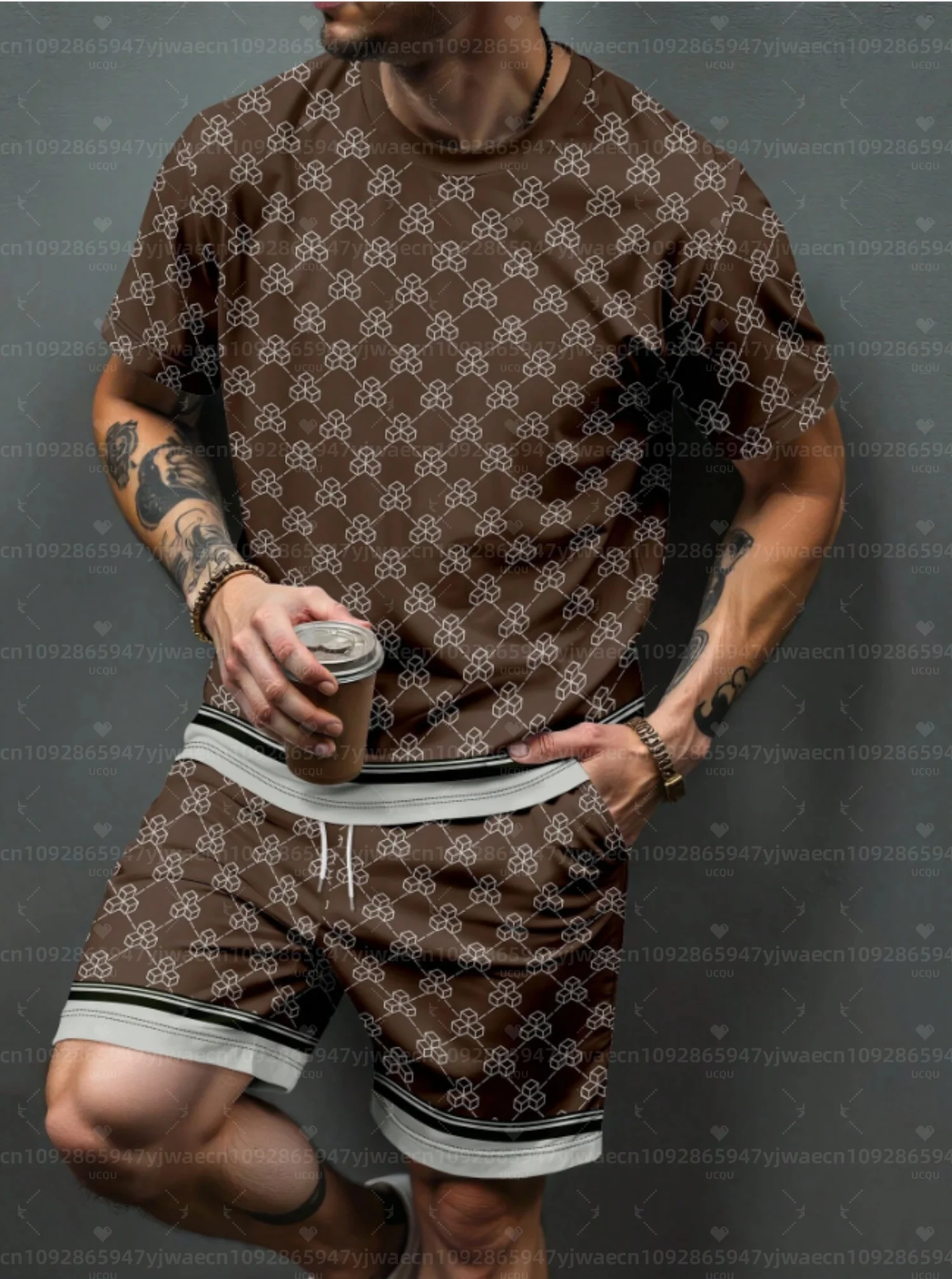 

2pcs Set Men's Light Luxury Retro Plaid Casual Short Sleeved Shorts Set Adult Men Jogging Plus Size Homme Tracksuit 2 Piece Set