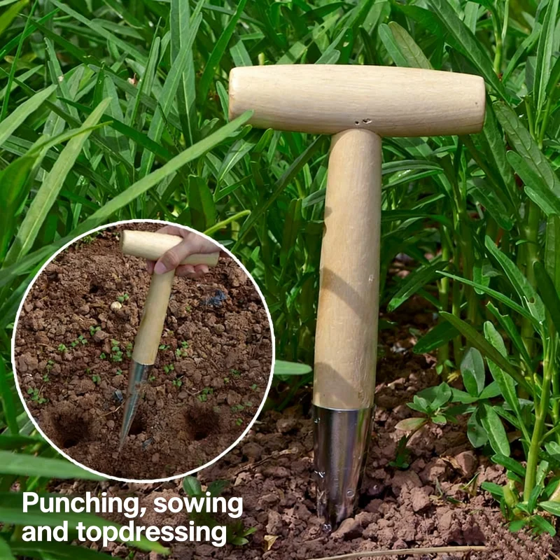 Perforador de jardín manual transparente con mango de madera para sembrar semillas, trasplantar plantas y cavar agujeros en el jardín.