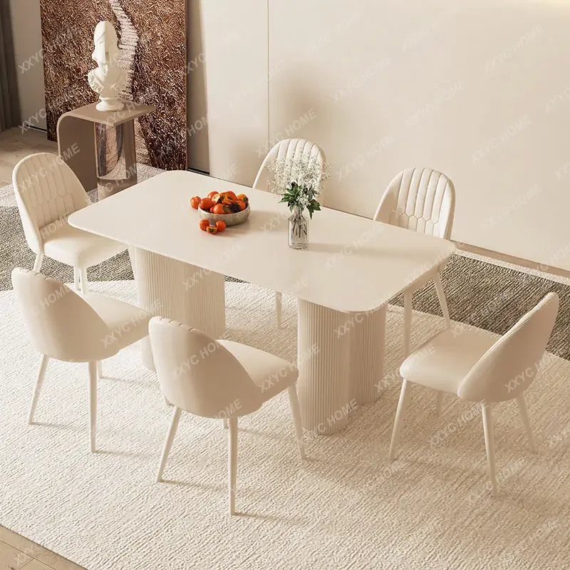 Stone Plate Dining Table Simple Small Apartment Dining Table Cream Style French Rectangular Dining Tables and Chairs Set