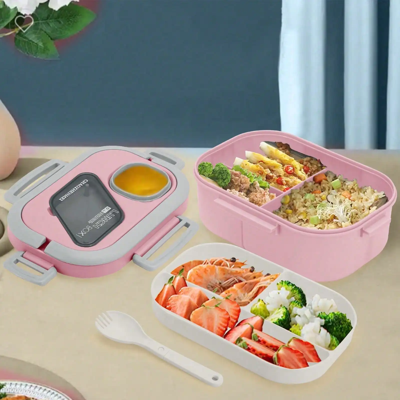 Adult Bento Box, Salad Container, Large 40.5 Oz. Salad Bowl, Bento-Style Tray For Toppings, 3 Oz. Sauce Container For Dressing, With Reusable Fork And Knife,Back To School
