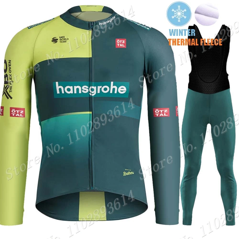 Winter Boraful Hansgrohe 2024 Team Cycling Jersey Set Long Sleeve Thermal Fleece Clothing Road Race Bike Jacket Suit MTB Ropa