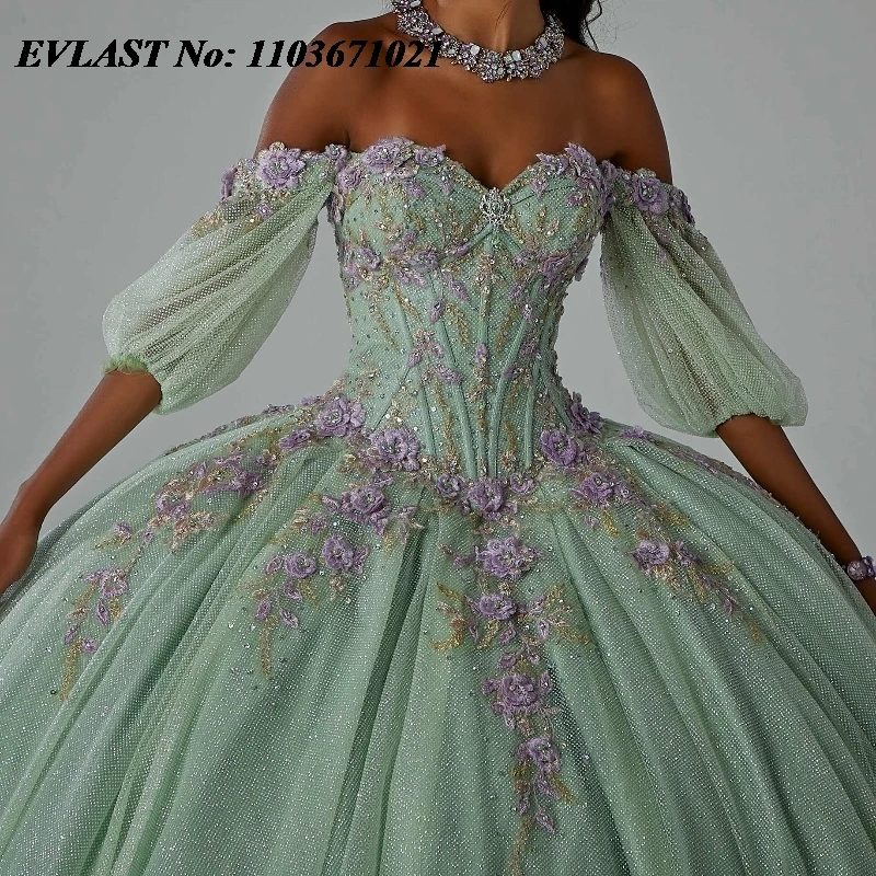 Evlast Glitter SAGE Green quinnceanera ชุดชุดไปงานเต้นรำแวววาว applique beading Corset Sweet 16 vestidos de 15 anos SQ552