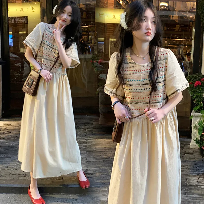 korean-style-embroidered-midi-dress-women-summer-vintage-heavyweight-loose-plus-size-pleated-summer-skirt-soft-comfortable-ma