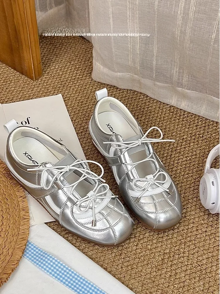 シルバーバレエスタイル身長アップメリージェーンシューズレディースカジュアルスニーカーフラットボトムラバーアウトソールラウンドトゥシューズ