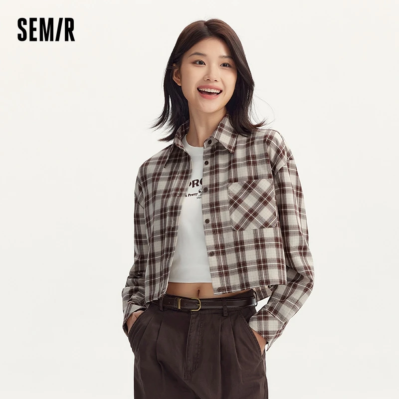 Semir Long Sleeve Shirt Women Short Loose Waist-drawing 2024 New Autumn Retro Plaid Shirt