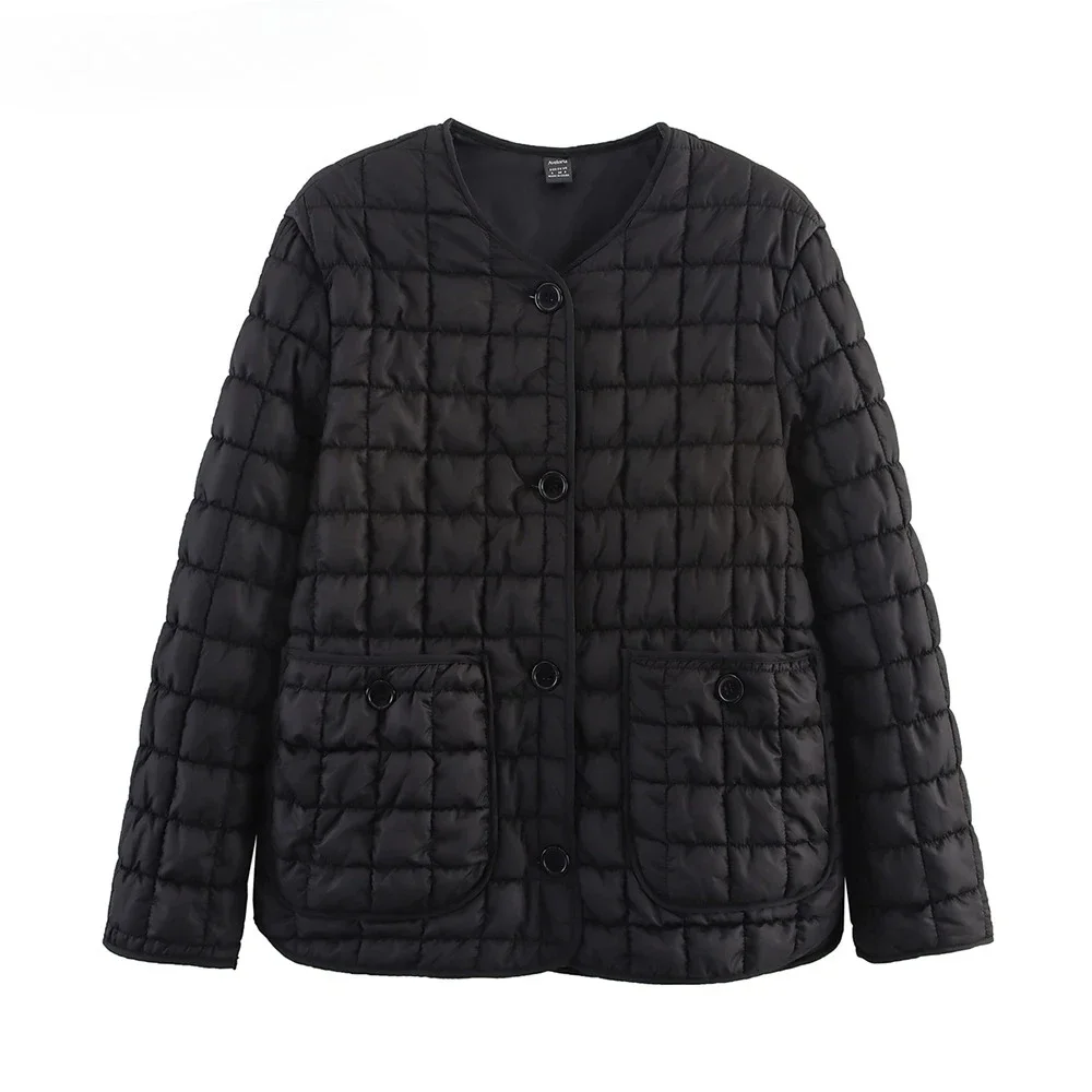 

2025 European and American style women's clothing new fashion versatile solid color long sleeved silhouette plaid cotton jacket