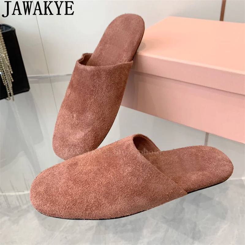 Cow Suede Round Wrap Toe Flat Slippers for Women Luxury Brand Designs Mules Slippers Female Summer Casual Punk Slippers Woman