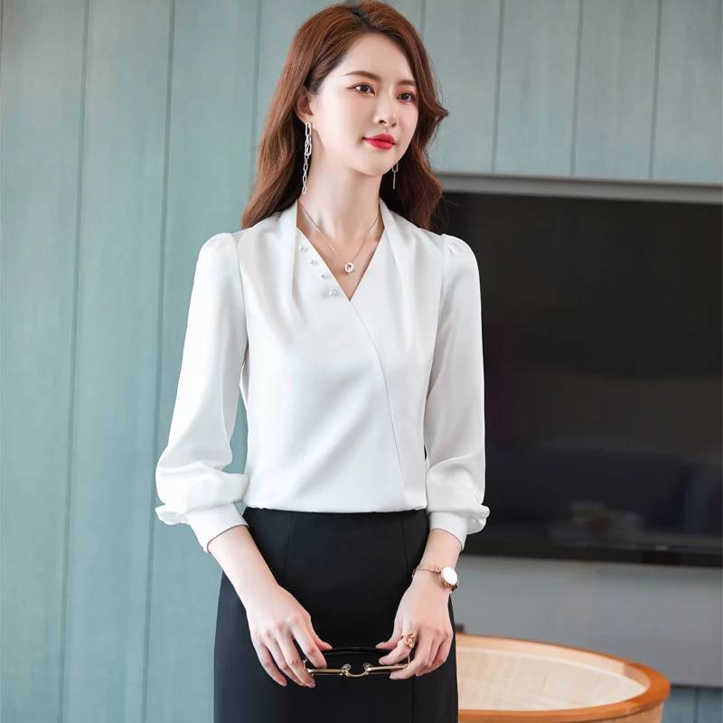 NAVIU Blue Chiffon Shirt Women Long Sleeve Fashion Professional 2023 New Embroidered Flares V Neck Loose White Blouses Work Tops