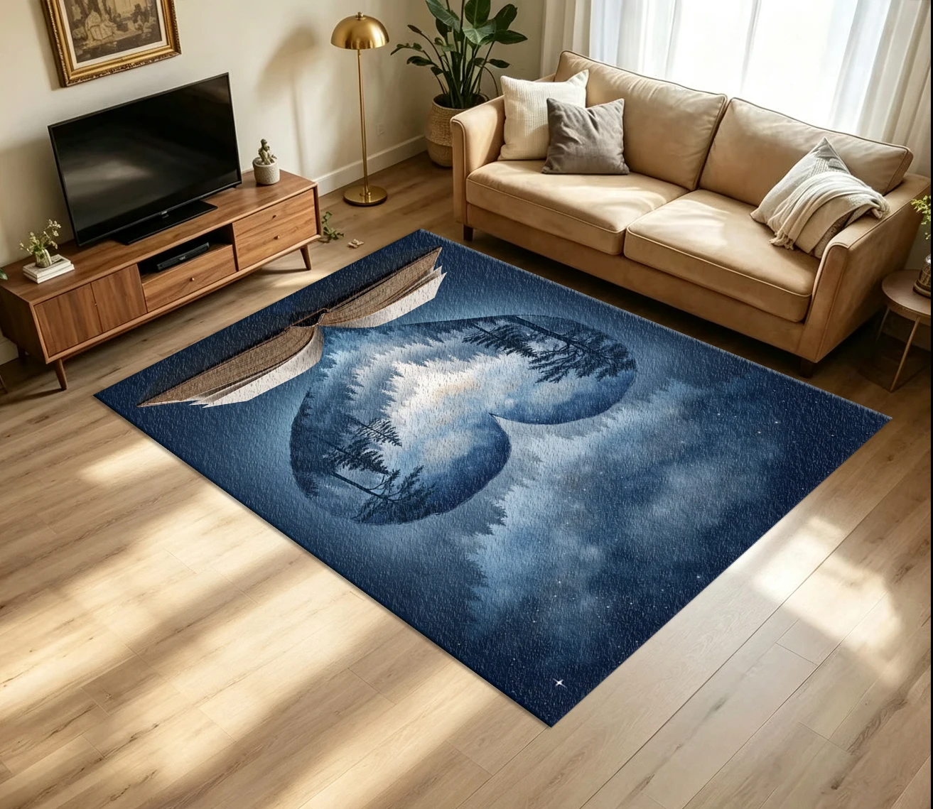 Magical Forest Night Heart Shaped Book Art Carpet Flooring Artistic Floor Mat for Indoor Living Space Home Ornament