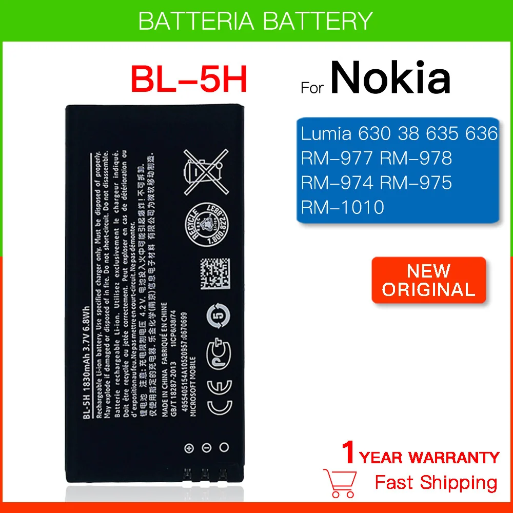 

Original BL-5H 1830mAh Replacement Battery For Nokia Lumia 630 38 635 636 Lumia630 RM-977 RM-978 BL5H BL 5H Li-Polymer Batteria