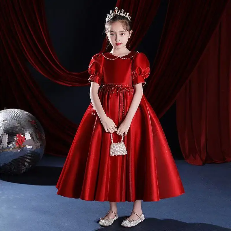 

2026 New Arrival Little Princess Red Birthday Dress Children's Hostess Gown Flower Girl Satin Piano Performance Dress110-170cm