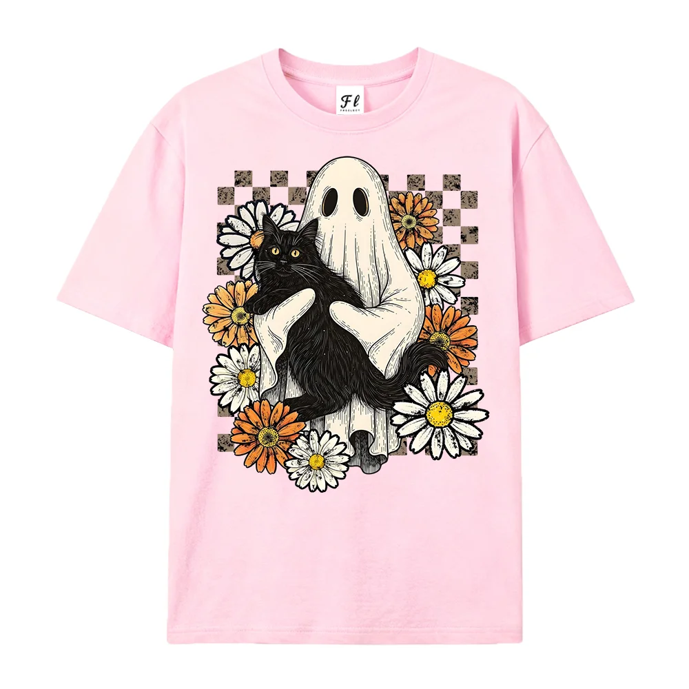 Women T Shirt Halloween Ghost Black Cat Daisy Checkered Vintage Short Sleeve Casual Fall Gift Top