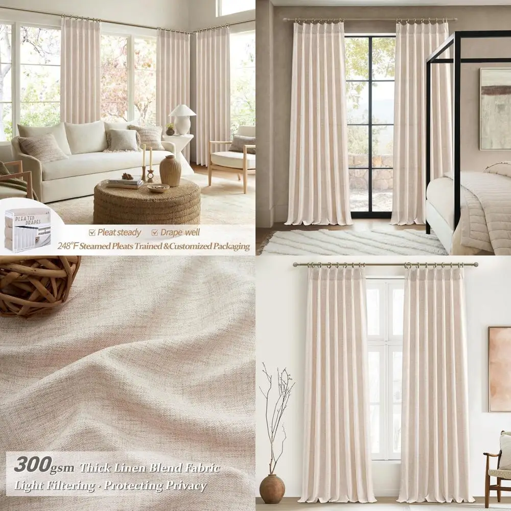 

Linen Pinch Pleated Curtains, 102 Length, Sand Beige, Light Filtering for Large Windows