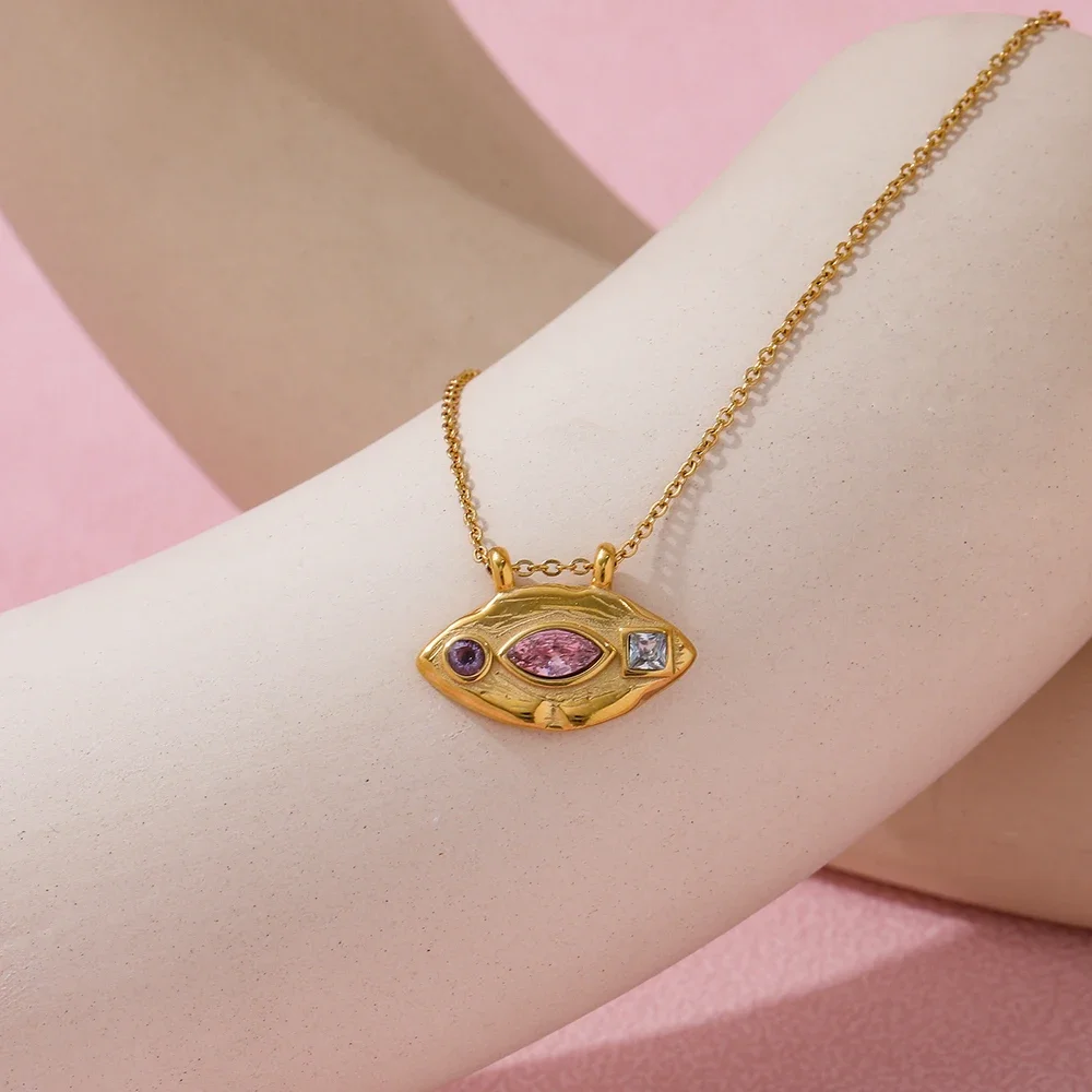Jewelry Wholesale Fashion Dainty Purple Round Clear Square Pink Eye Lip-shaped Pendant Stainless Steel Necklace for Women