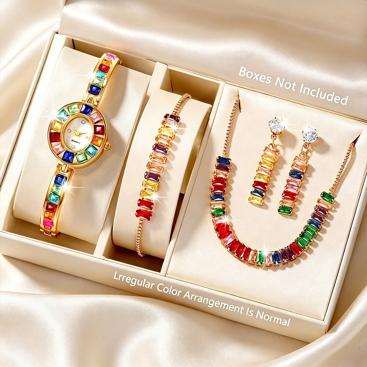 5pcs Fashion Multicolor Rhinestone Women Watch Jewelry Set Elegant Bracelet Strap Ladies Quartz Wristwatches Clock（Without Box）