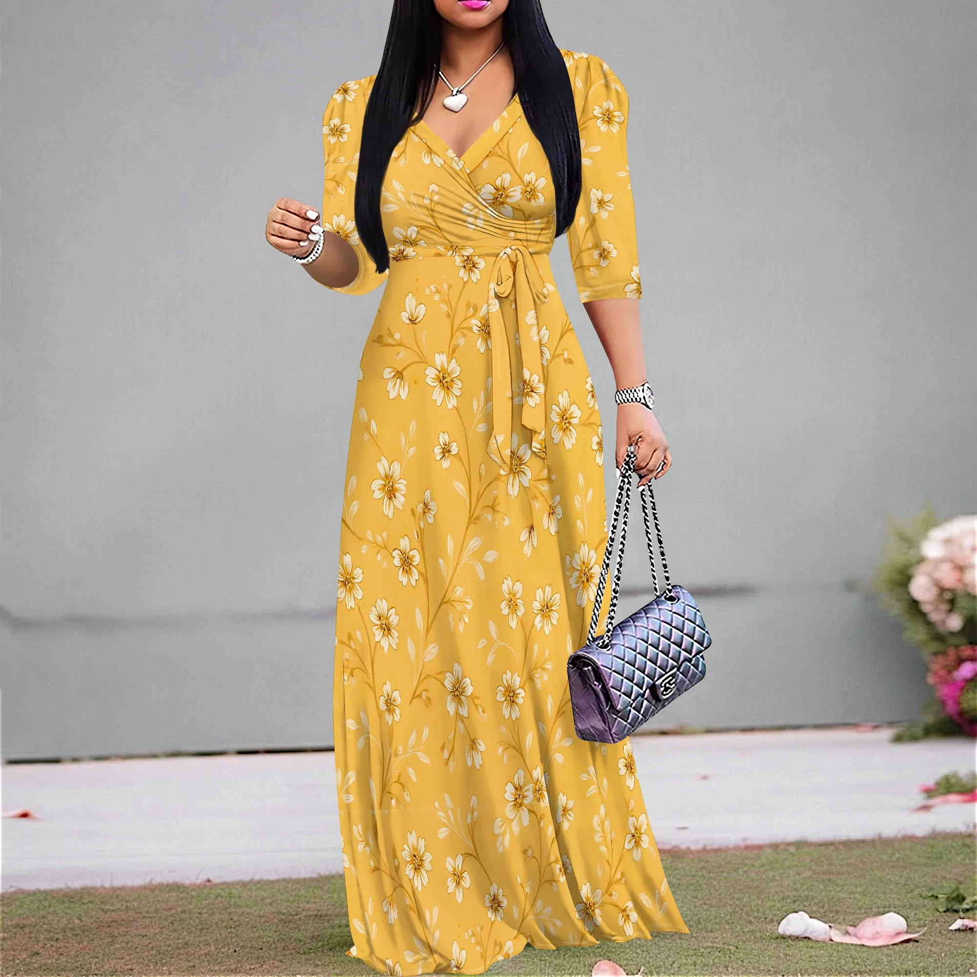 

Floral Maxi Dress for Women V Neck Puff Sleeves Wrap Tie Waist Dresses