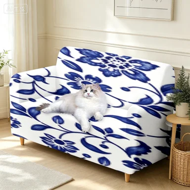 Blue White Porcelain Cover, Black White Wave Vine Cover, Yellow Herringbone Sofa Cover, Classic Blue Floral Single Cover.