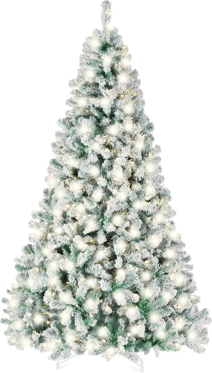 Árbol de Navidad verde salvia preiluminado, árbol de abeto completo flocado artificial de 9 pies, decoración navideña