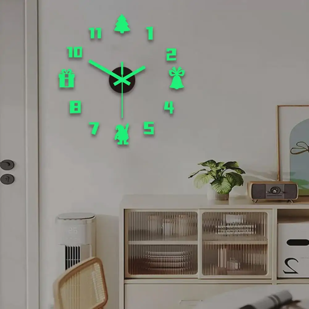 Christmas Wall Clock Glow Dark Clock Christmas 3d Wall Clock Glow-in-the-dark Frameless Acrylic Silent Digital Analog Home