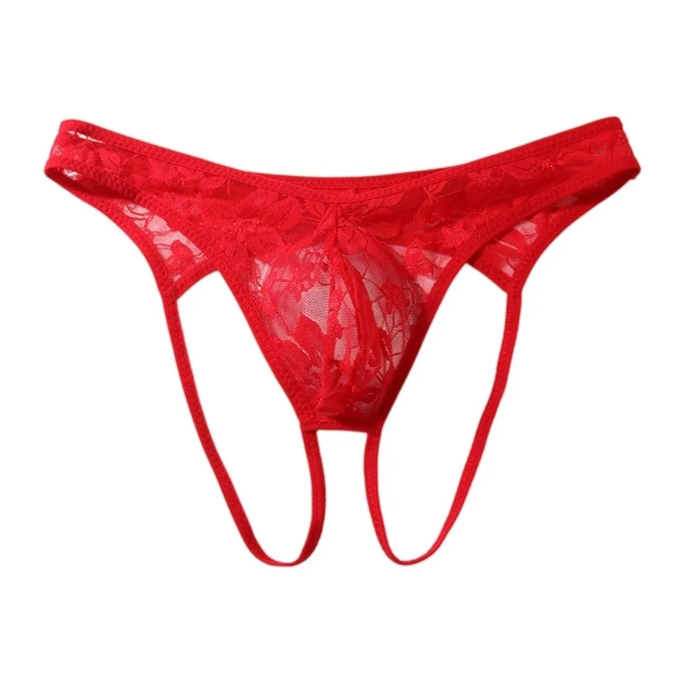 Transparent Open Crotch Men Lace Hollow Thongs Underpants Low Waist Men's Sheer Lace Panties Bulge Pouch T-back Male Briefs Men