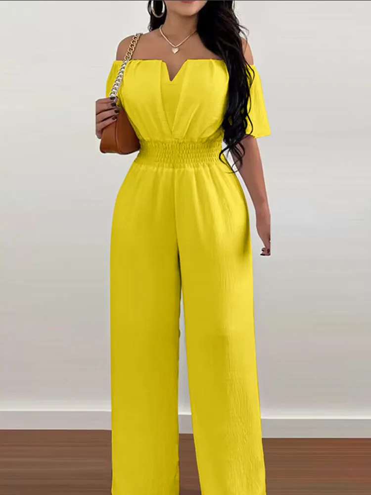 Summer New Women Sexy One Line Shoulder Solid Color Short Sleeve Jumpsuit Slim Elastic Waist Loose Straight Female Long Jumpsuit