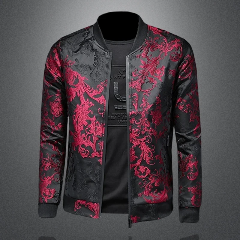 Men's Slim Floral Embroidered Jacquard Bomber Jacket Retro Vintage Spring Autumn Casual Business Coat Street Fashion