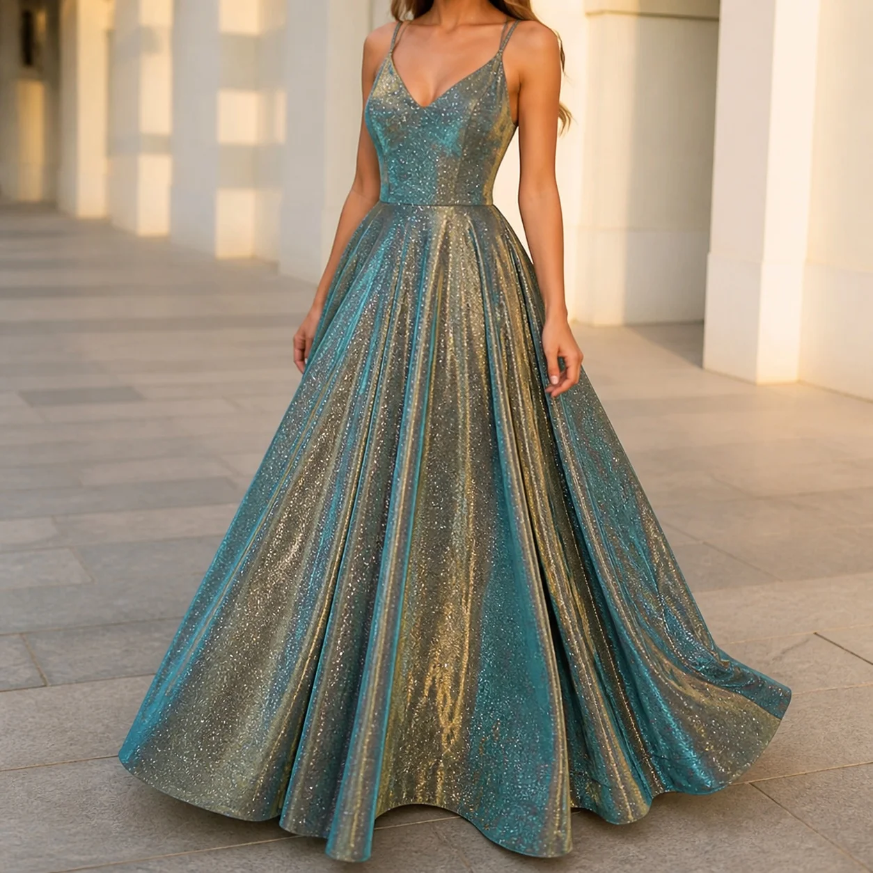 A Line V Neck Gown Mid Waist Commuter Chic with Princess Sleeve Maxi Length Zipper Closure Sequins Long Dress Elegant for Women