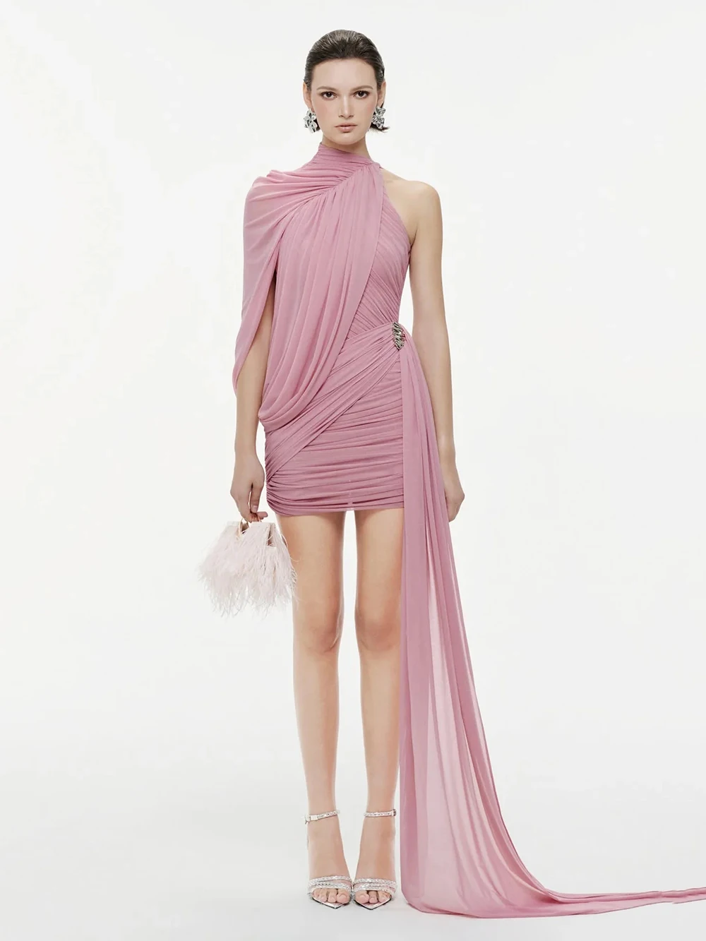 Modphy Pink Turtleneck Sleeveless Sexy Mini Dress For Women Fashion Irregular Folds Short Dress Femme Elegant Club Party Dress
